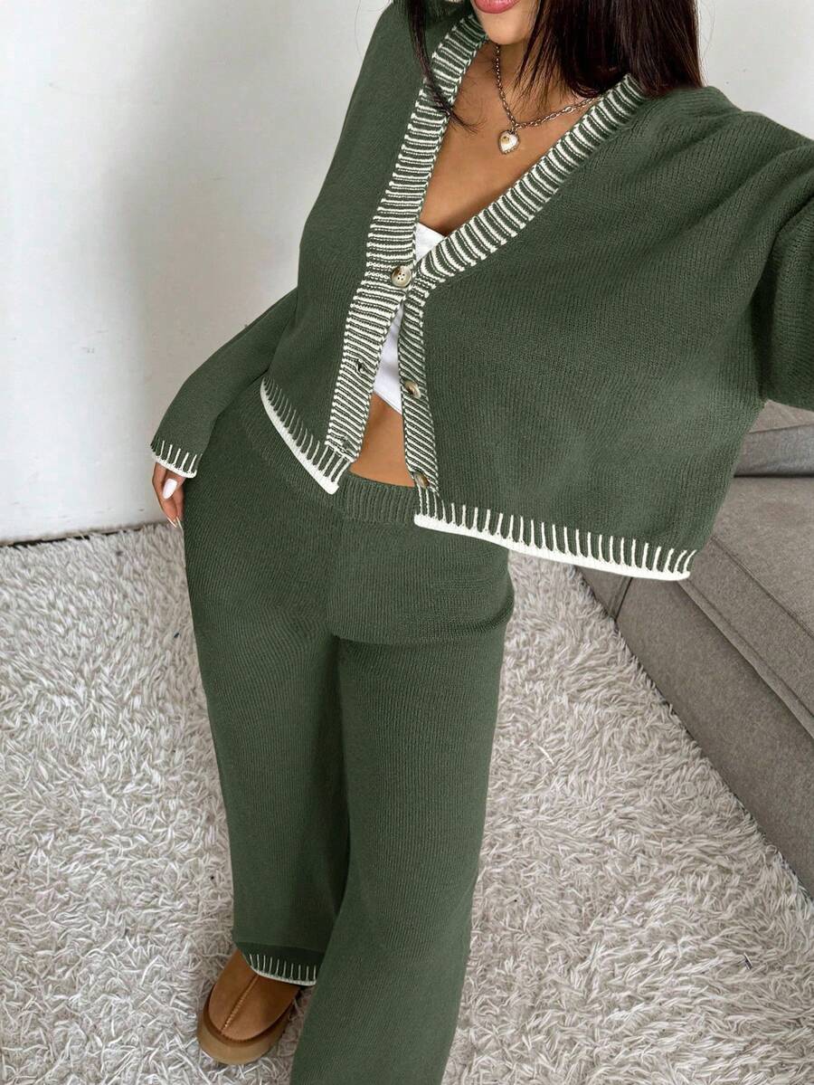 SHEIN EZwear Women's Casual Commuting Contrast Striped Trim Button Cardigan And Wide Leg Pants 2 Pieces Set, Autumn/Winter Knit Two Piece Set Two Piece Set Women Comfy Green Set Women 2 Piece Lounge Sets Woman Green 2 Piece Set,Fall,Fall Clothes For Women