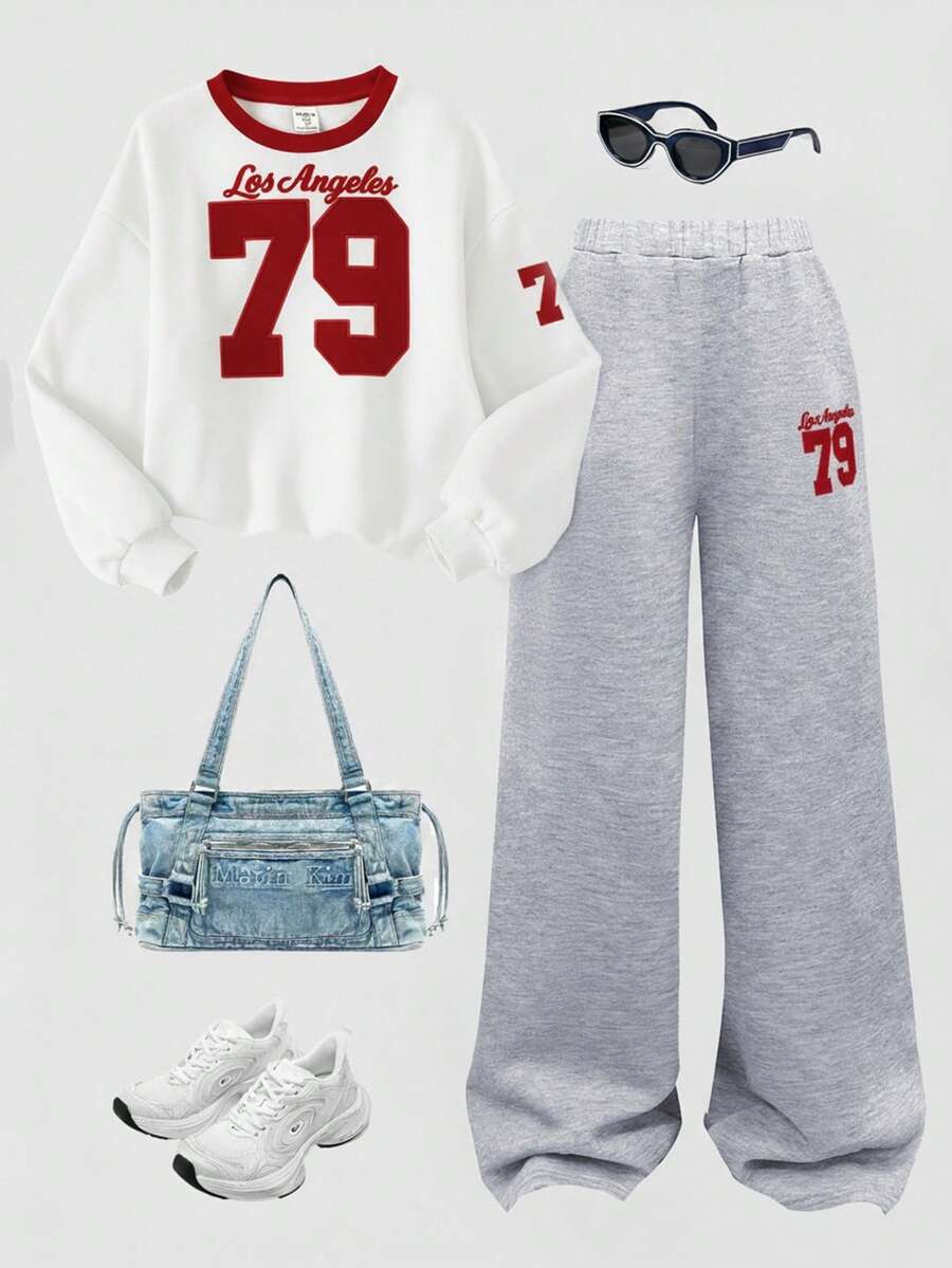 SHEIN Girlism Bộ đồ thể thao dệt kim cổ tròn in chữ và số phong cách đường phố thường ngày dành cho bé gái tuổi mới lớn và quần ống rộng xếp ly, màu xám, trang phục trở lại trường - Nhiều màu - Xem 1