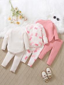 SHEIN Playful Pals 3 件套幼儿休闲长袖可爱甜美条纹针织面料舒适柔软 T 恤上衣搭配修身裤，印花图案设计，买 1 套送 2 套，百搭 T 恤套装适合旅行、居家或户外穿着，四季皆宜 - 彩色 - 查看 2