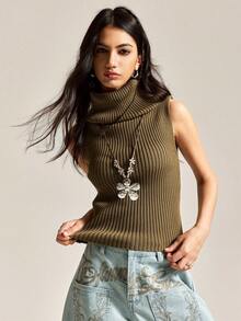 Easelle Áo len cổ lọ màu xanh ô liu không tay thời trang dành cho nữ, màu trơn, có gân, cắt cúp - xanh quân đội - Xem 7