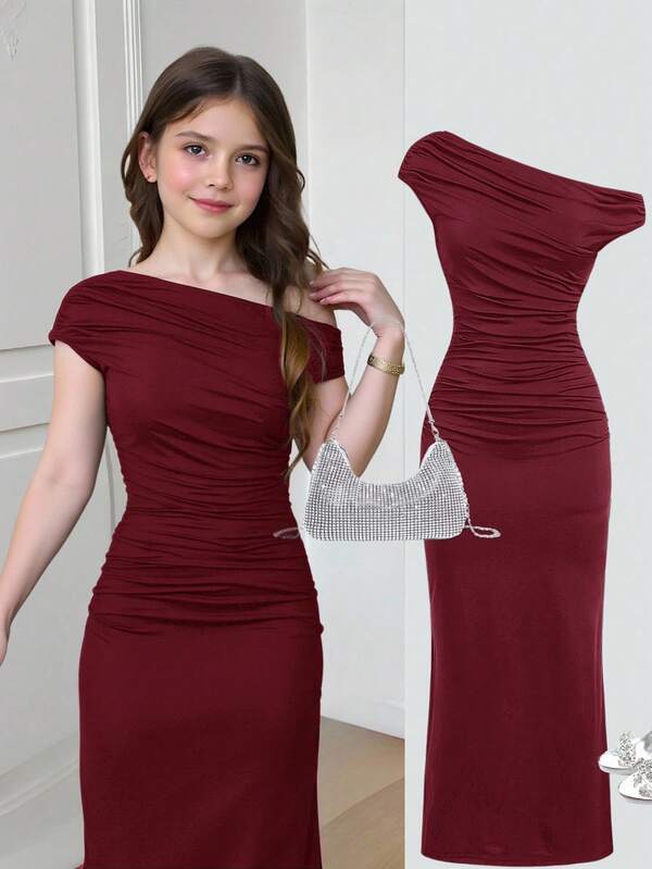 SHEIN Tween-Mädchen Lässiges, elegantes Maxi-Strickkleid mit asymmetrischem Halsausschnitt, geraffter Taille und figurbetontem Schnitt, geeignet für Halloween-Partys, Versammlungen, Weinrot