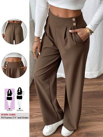 SHEIN PETITE CURVE Plus Size Women's Double Buckle Straight Leg Elegant Commuter Pants Womens Casual Pants High Waist Pants Pleated Wide Leg Pants Brown Pants For Women Brown Wide Leg Pants