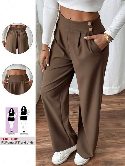 SHEIN PETITE CURVE Plus Size Women's Double Buckle Straight Leg Elegant Commuter Pants Women Casual Pants High Waist Pants Pleated Wide Leg Pants Brown Pants For Women Brown Wide Leg Pants