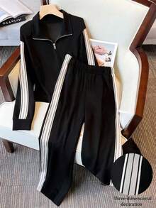 Resyla 女士休闲撞色拼布夹克和裤子两件套，秋冬