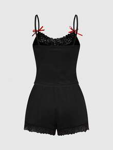 ROMWE Goth Women's Dark Christmas Black Cat Skull Print Lace Collar Splice Spaghetti Strap 3D Cherry Camisole And Ruched Super Short Shorts 2 Piece Pajama Set - Black - View 2