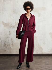 SHEIN LUNE 全新女式纯色翻领系带夹克套装 - 酒紅色 - 查看 7