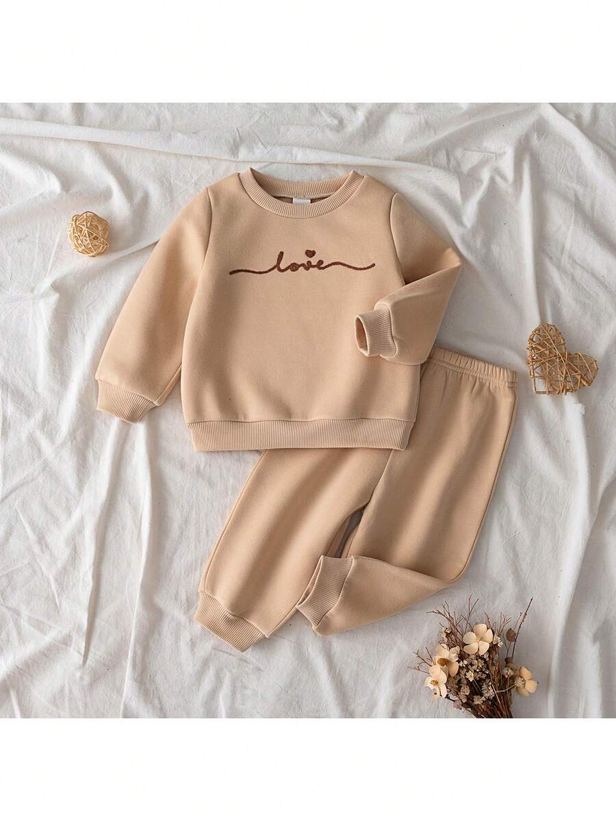 Loomiva 2pcs Baby Girl Letter Print Soft Knit Crew Neck Long Sleeve Sweatshirt And Elastic Waist Pants Set - Khaki - View 1