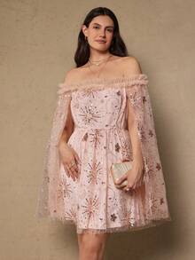 Freevana 大码女式优雅派对连衣裙，露肩亮片网眼拼接喇叭袖宽松连衣裙 - 杏色 - 查看 5