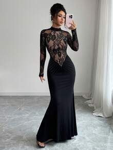 Allurite 优雅简约黑色针织毛衣上衣，蕾丝拼布修身牛奶丝连衣裙，适合单身派对、茶会、秋冬 - 黑色 - 查看 6