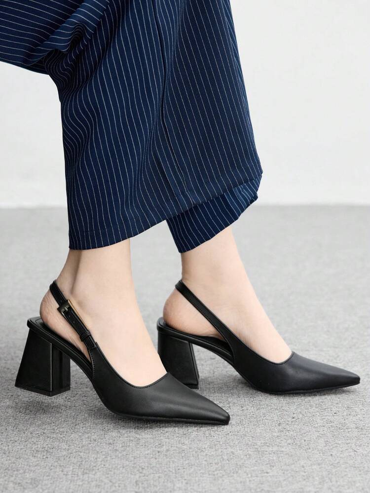 CUCCOO BIZCHIC Women's Fashion Black Backstrap Side Buckle Chunky Heel Pointed Toe High Heel Pumps, Backstrap Mule Shoes For Daily, Commute, Date, Party For Christmas Spring Shoes