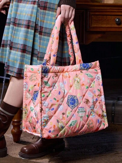 HARRY POTTER X SHEIN Bolso de tote acolchado con estampado, bolso de hombro suave en tonos pastel Y2K para la escuela y uso diario, lindo y casual bolso grande