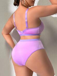 SHEIN Bộ 2 áo ngực và quần lót không dây cỡ lớn mềm mại tối giản mặc hàng ngày, màu hoa oải hương - Màu tím - Xem 2
