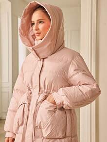 Chiquease 全新时尚休闲别致简约高端拉链连帽领中长款棉服外套 - 粉色 - 查看 6