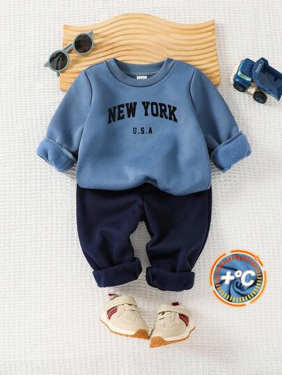 Cozy Pixies 2pcs Baby Boy Letter Print Crew Neck Long Sleeve Hoodie And Elastic Waist Jogger Pants Set Baby Boy Sweatsuit Baby Set Autumn Winter Season Baby Boy Track Suit Baby Boy Winter Sets Baby Casual Sets