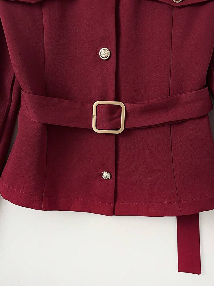 GlowEve 女式优雅纯色百搭翻领收腰长袖常规夹克，秋季 - 酒紅色 - 查看 3