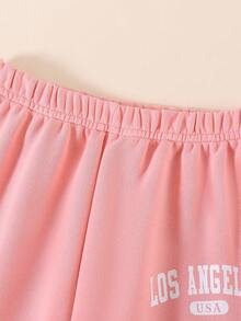 SHEIN Explorewe 3 件套女童休闲连帽运动衫、吊带背心和运动裤套装，时尚印花设计，适合日常休闲装、学校装、春秋季 - 粉色 - 查看 4