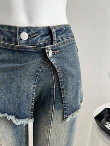 Elamini 女士休闲时尚西式度假风打结喇叭腿牛仔裤，不含腰带 - 藍色 - 查看 5