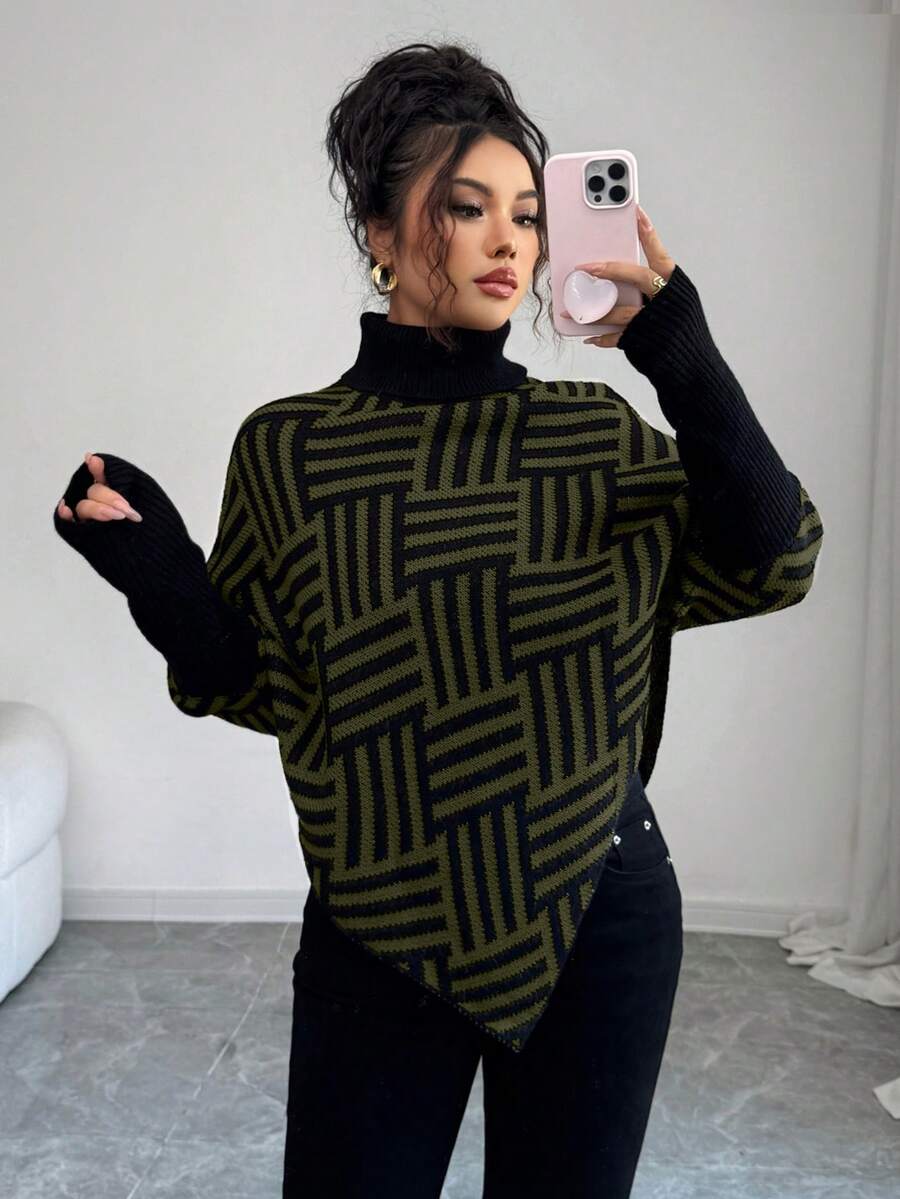Elenzga Women's Elegant High Neck Geometric Textured Poncho Sweater, Colorblock, Suitable For Home & Travel, Spring/Autumn - Army Green - View 1