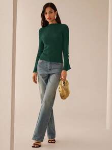 Lilora Long Sleeve Slit Metal Decor Bodycon Sweater In Fall/Winter Green Sweater Dark Green Top Green Tops For Women Emerald Green Top,Fall,Fall Clothes For Women - Green - View 4