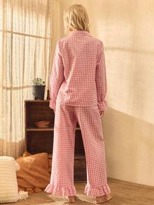 Lullawish Bohemian Style Printed Cotton Woven Lantern Sleeve Top & Pants Women Pajama Set, Fall & Winter Clothes - Pink - View 2