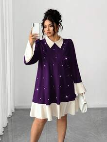 Elenzga Fashionable Casual French Retro Romantic Elegant Pearl Contrast Color Dress - Purple - View 3