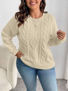 EMERY ROSE Plus Size Women Casual Everyday Commute Simple Solid Color Dropped Shoulder Loose Cable Knit Pullover Sweater, Autumn/Winter - Apricot - View 5