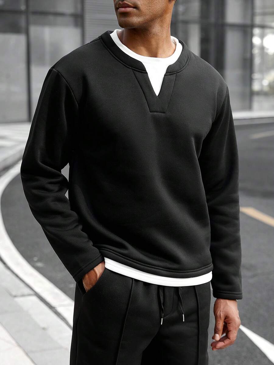 Manfinity Homme Men's Casual Everyday Commute 2 In 1 Sweatshirt And Drawstring Waist Seam Front Sweatpants Set, Spring/Autumn - Black - View 1