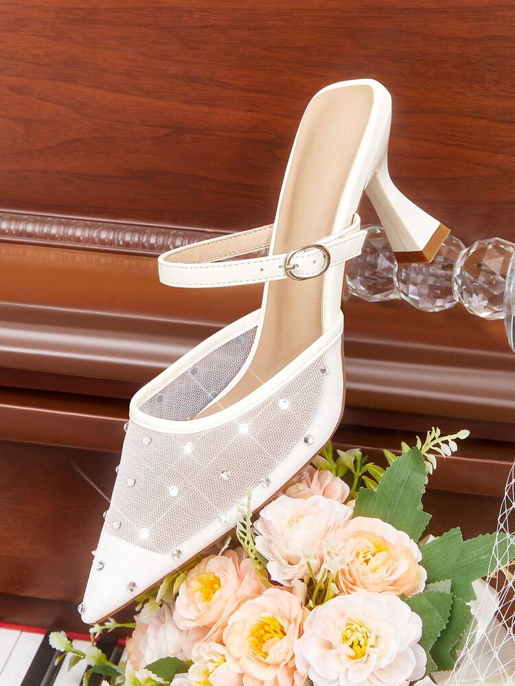 CUCCOO HITCHD Women's Fashion White Luxury Crystal Camellia High Heel Mule Shoes