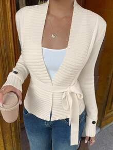 Sunnyshic Women's Solid Color Long Sleeve Casual Tie Front Cardigan, Autumn Fall Winter Cloth For Women - Apricot - View 4