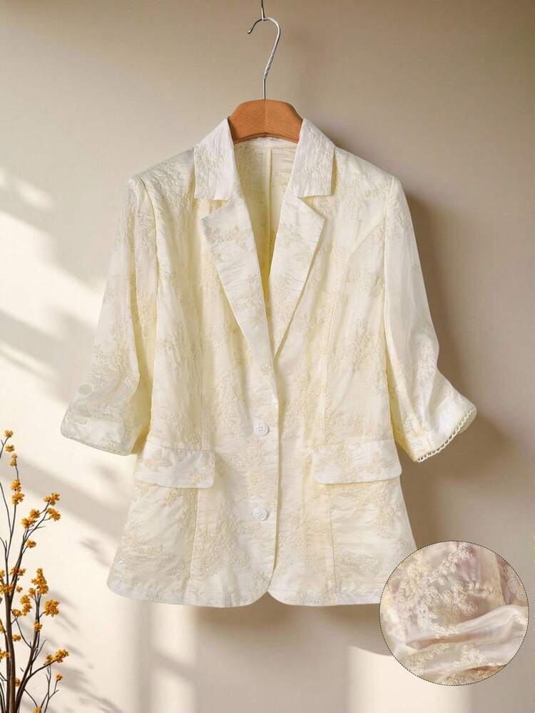 Women's Floral Jacquard Lapel Neck3/4 Sleeve Single-Breasted Elegant Blazer Country Outfits For Women  Going Out Tops For Women Fall Clothes For Women  Winter Clothes V