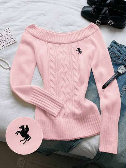 Comfortcana Suéter de mujer con hombros descubiertos, mangas largas y decoración bordada de color contrastante. Suéter rosa para mujer, suéter de punto para mujer, suéter de punto trenzado para otoño y ropa de mujer para otoño