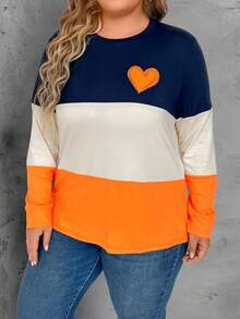 Calvaya Plus Size Round Neck Heart Striped Print Long Sleeve Casual T-Shirt Graphic Tees Women Tops For Spring - Multicolor - View 3