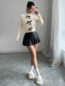 Elenzga French Bow Knit Soft & Fluffy Long Sleeve Sweater For Women, Winter - Beige - View 3