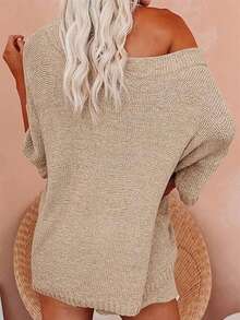 Calvaya Dam vår/sommar ny enfärgad halvärmad hoodie med bara axlar Mångsidig, elegant fransk stil, bekväm, skonsam, utsökt, lös, lös, dejting, pendling, stickad tröja tvådelat set - Aprikos - Visa 2