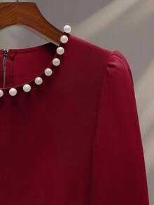 GlowEve New Autumn And Winter Niche Temperament Three-Dimensional Studded Long-Sleeved Top Exquisite Trousers Women's Two-Piece - Burgundy - View 3