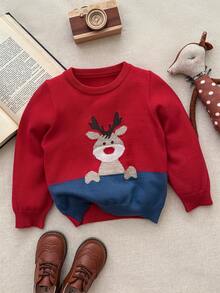 Blossori Young Boys' French Elegant Deer Jacquard Pattern Pullover Sweater - Red - View 3