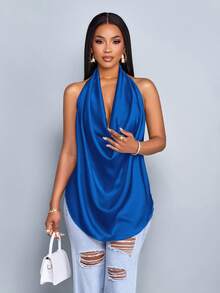SOLERSUN 春夏女装休闲度假杏色亮面面料深V领挂脖吊带摆领弧形下摆露背吊带梭织面料背心 - 寶藍色 - 查看 1