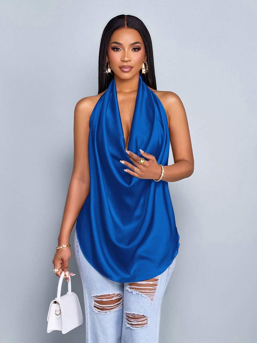 SOLERSUN 春夏女装休闲度假杏色亮面面料深V领挂脖吊带摆领弧形下摆露背吊带梭织面料背心 - 寶藍色 - 查看 1