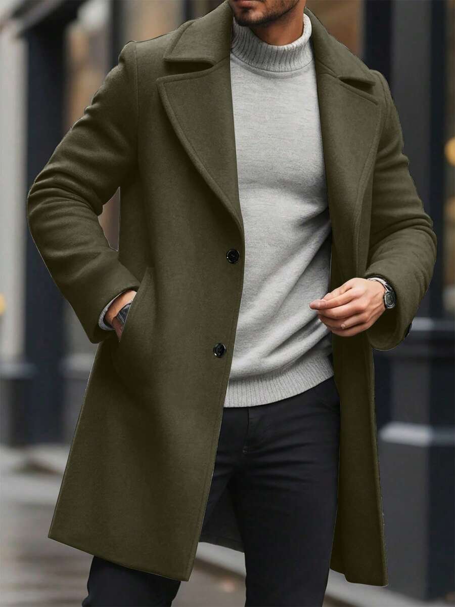 Manfinity Homme 男士纯色翻领单排扣长袖时尚大衣橄榄绿男士羊绒长款外套冬季女式绿色 - 軍綠色 - 查看 1