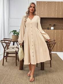 EMERY ROSE Women's Solid Color V-Neck Long Sleeve Single-Breasted Casual Mid-Length Dress Women Dresses Autumn Winter  One-Piece Dress Ladies Autumn Winter Cozy Fall And Winter Clothes For Women  New Year Dress - White - View 7