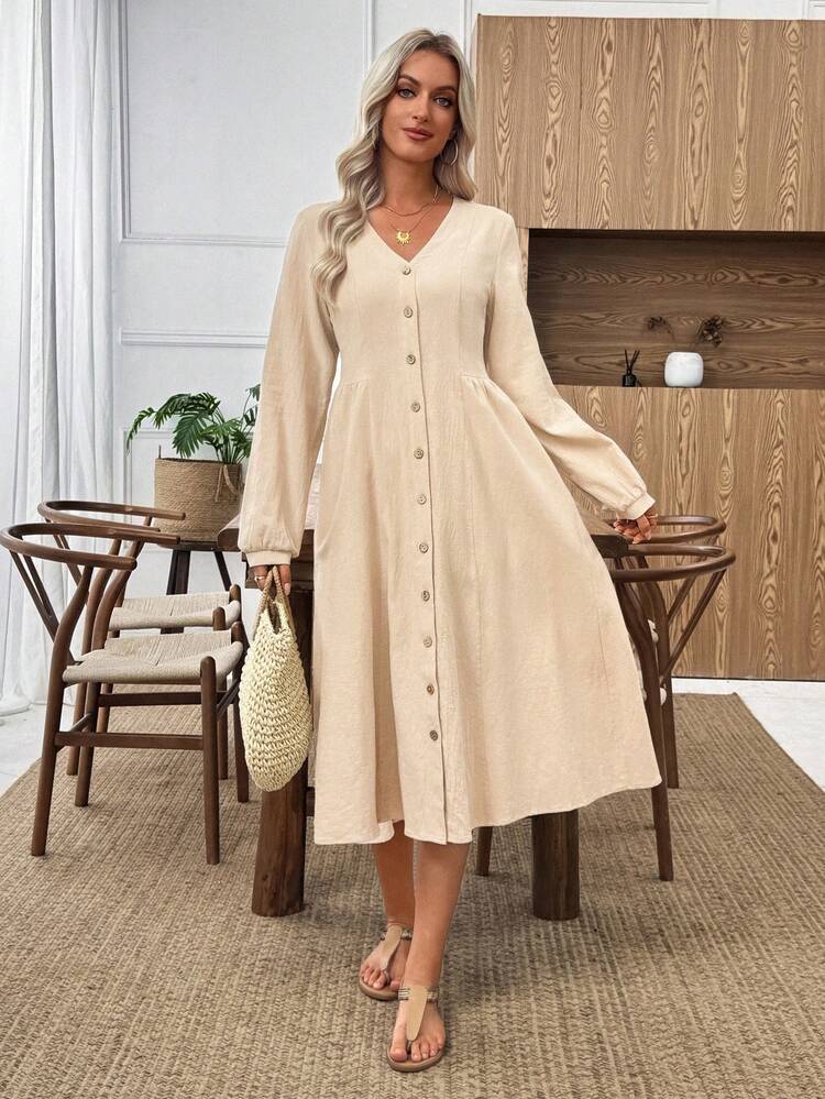 Women's Solid Color V-Neck Long Sleeve Single-Breasted Casual Mid-Length Dress Women Dresses Autumn Winter  One-Piece Dress Ladies Autumn Winter Cozy Fall And Winter Clothes For Women  New Year Dress