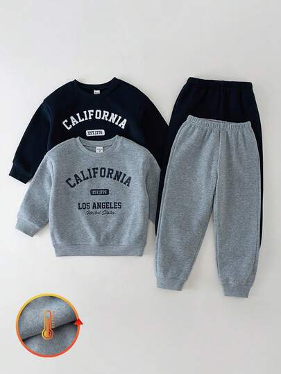 Loomiva 2pcs/Set Young Boy Letter Graphic Soft Knit Crew Neck Long Sleeve Pullover Hoodie And Elastic Waist Pants