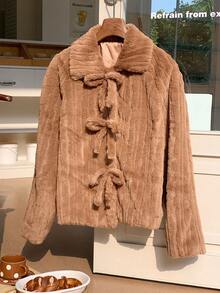 Comfortcana Women's Fashion Casual Bow Faux Fur Long Sleeve Jacket - Mocha Brown - View 5