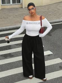 SHEIN EZwear 大码女式纯色抽绳腰阔腿宽松休闲裤，适合夏季 - 黑色 - 查看 4