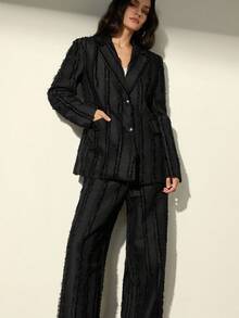 Aveloria Modichic Women's Textured Frayed Edge Striped Tassel Design Minimalist Blazer Jacket Paired With Wide Leg Pants Suit - Black - View 2