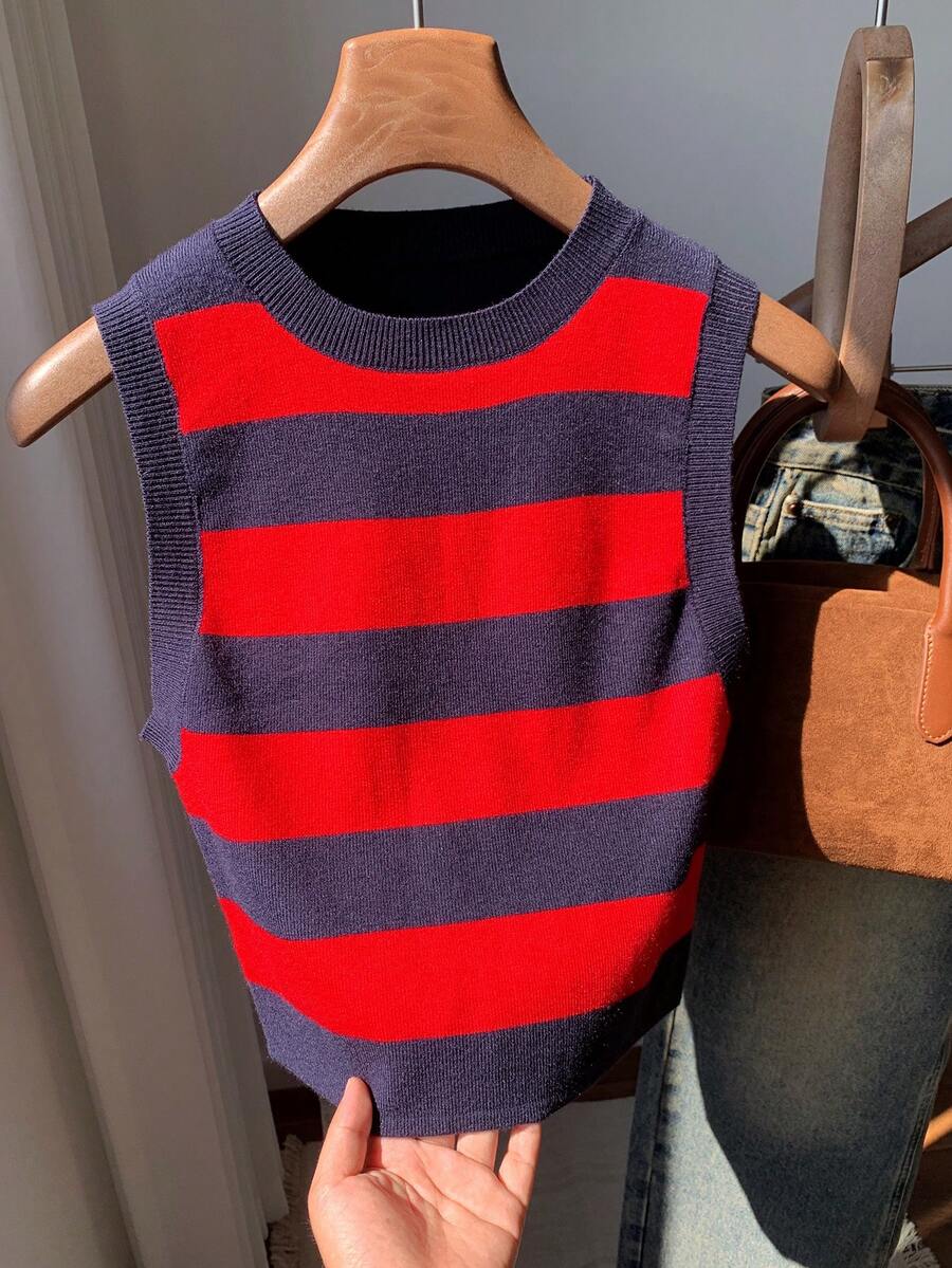 Comfortcana 女式休闲简约黑白条纹短款针织上衣 - 彩色 - 查看 1