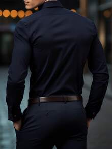 Manfinity Mode Men's Fashion Casual Business Commuting Men's Stand-Up Collar Solid Color Button Long Sleeve Shirt, Men's Formal Shirt, Men's Solid Color Shirt. Suitable For Daily Wear, Commuting To Work, Going Out, Party, Can Be Paired With Suit Pants Or Suit Suits To Attend Parties, Weddings, Honeymoon Scenes. Can Be Given As A Gift To Sons, Husbands, Boyfriends, Fathers, For Fall - Navy Blue - View 2