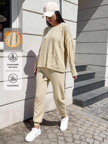 SHEIN Cottnline 女式純色圓領毛衣和長褲套裝 - 米色 - 查看 1