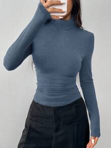 SHEIN EZwear 女式休闲日常通勤简约纯色高领长袖紧身T恤，秋冬 - 霧霾藍 - 查看 5