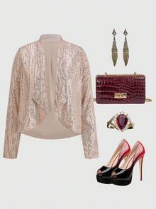 Ellevyn Jaqueta feminina elegante com camadas de miçangas na frente, ideal para festas e eventos formais. Perfeita para o Natal, inverno e Ano Novo, Dia de Ação de Graças. Blusa elegante com lantejoulas. - Champagne - Ver 8